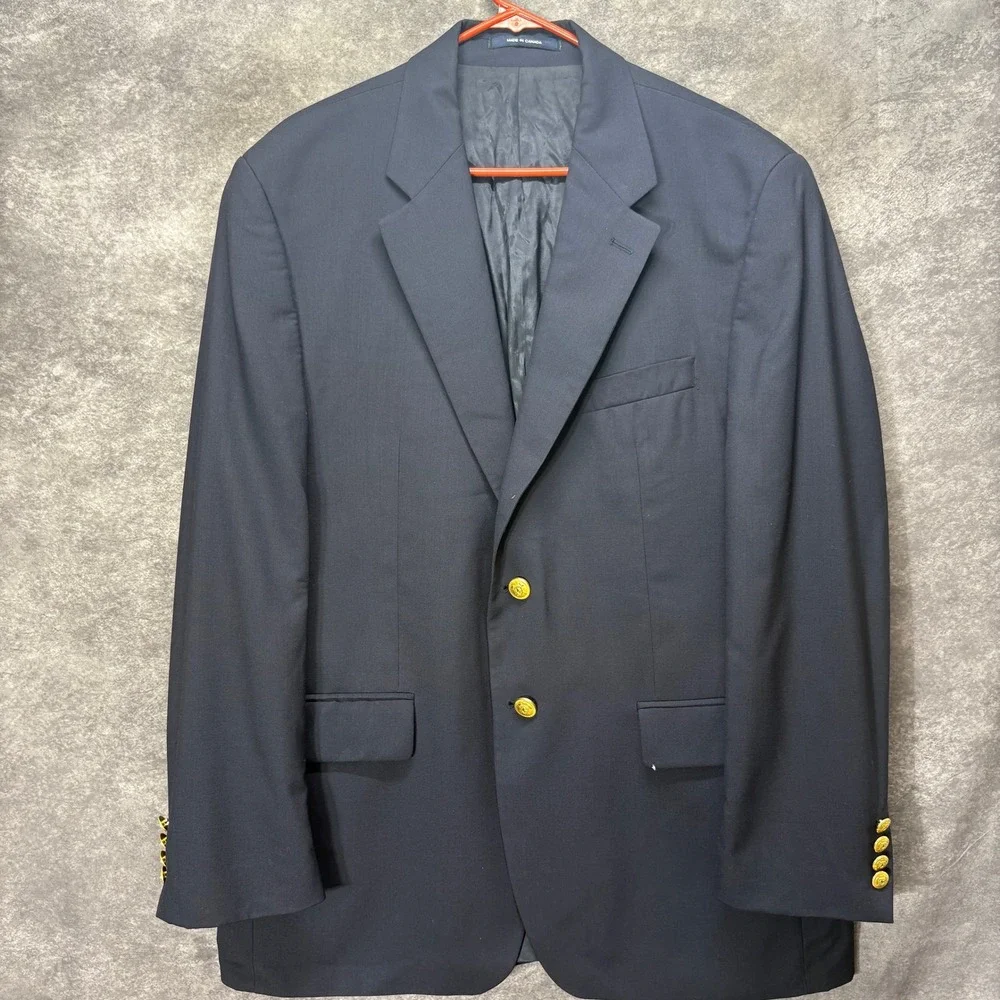 VTG Ralph Lauren Navy Blue 100% Wool Blazer Mens 46R Gold Crest Buttons Academia